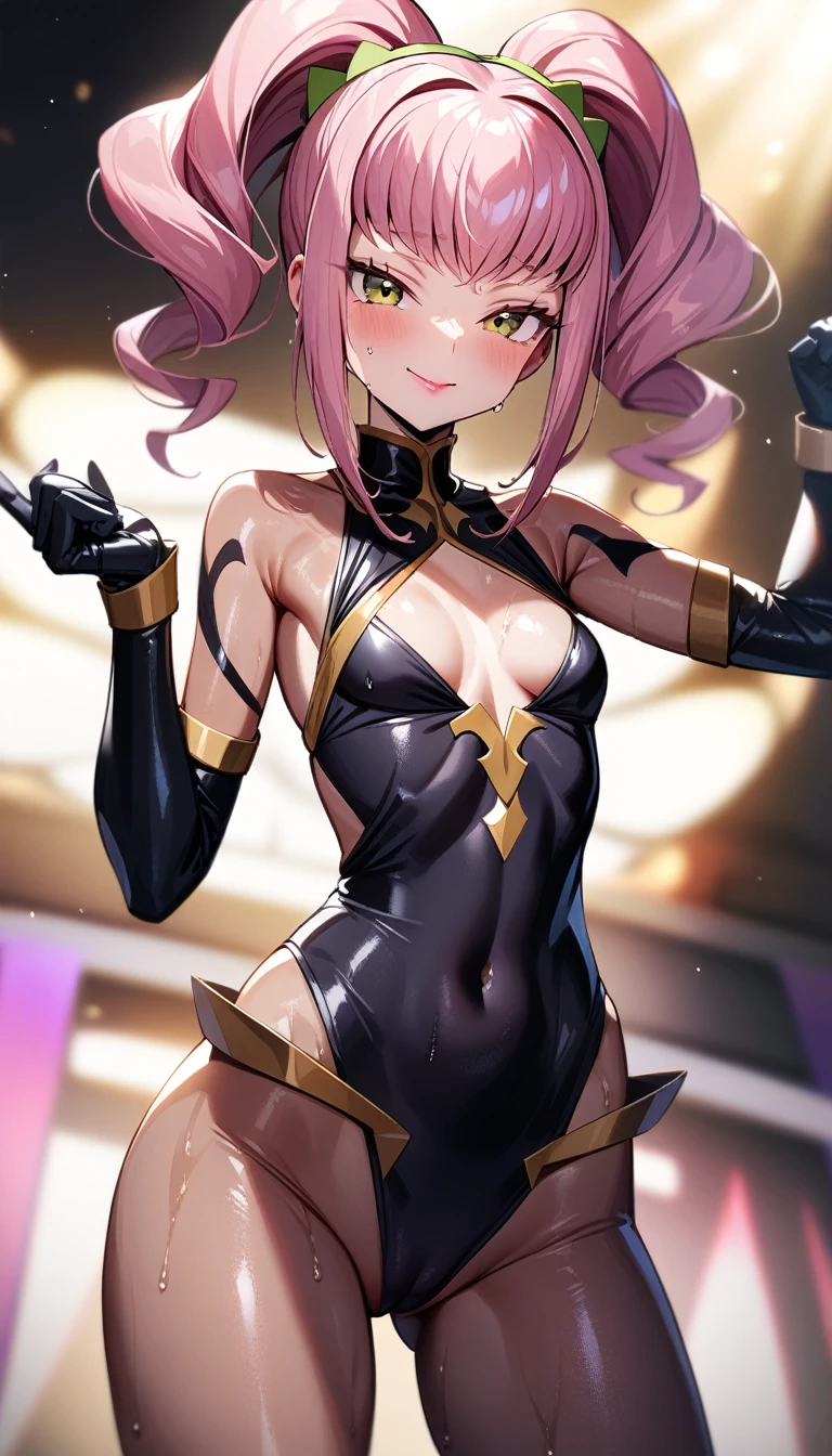 1girl,solo,super detailed skin,shiny skin,wet skin,anya alstreim, code geass, angelic smile,,pink hair,eyelashes,lips gloss,small breasts,beautifully shaped breasts,sexy harem outfit ,unique Accessories,model pose,cameltoe,, stage ,masterpiece,best quality,ultra detailed,high resolution,sharp focus,depth of field