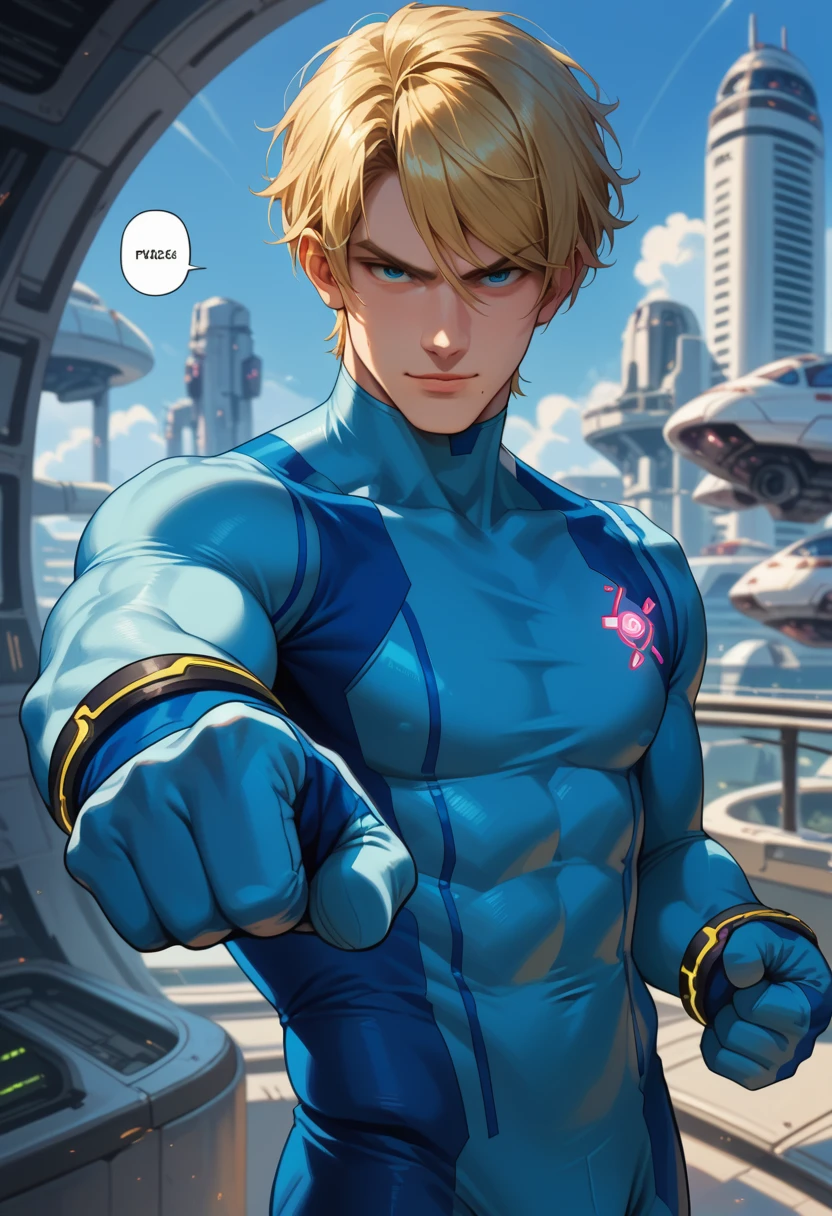 score_9, score_8_up, score_7_up, 1boy, solo, (male:1.5), male focus, male body, defSamus, blonde hair, short hair, bodysuit, blue clothes, blue pants, blue gloves, confident face, confident smile, fist, confident fist, standing, looking at you, spaceship, speech bubbles,
