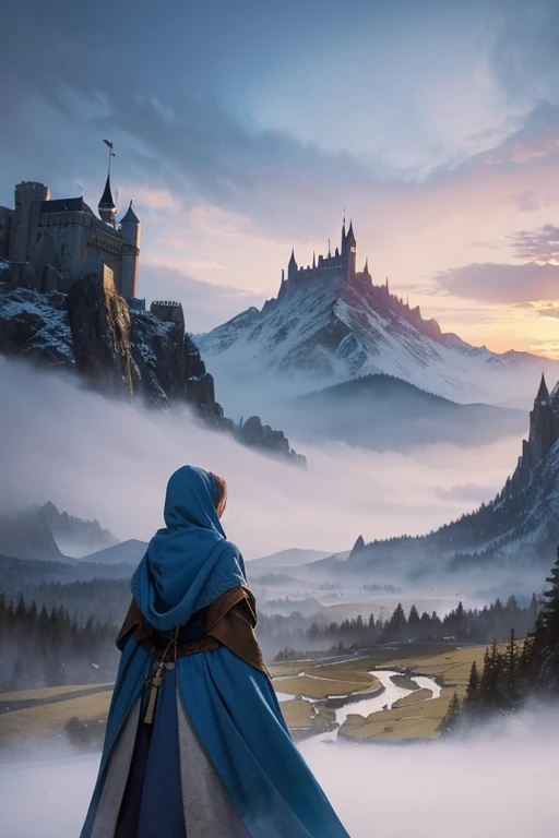 Draw a watercolor style illustration of a woman from the front, with a hood that hides your face. No fundo, illustrate a fantasy kingdom with a large castle, surrounded by mountains and a dramatic sky. The illustration style should be non-realistic, with fantasy touches and artistic details.