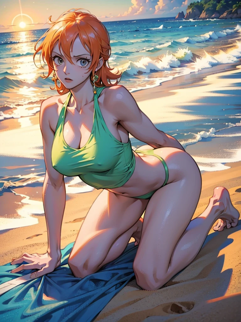 nami from one piece in beach,  tall, hot , high res, ultrasharp, 8K, masterpiece, Naked on all fours