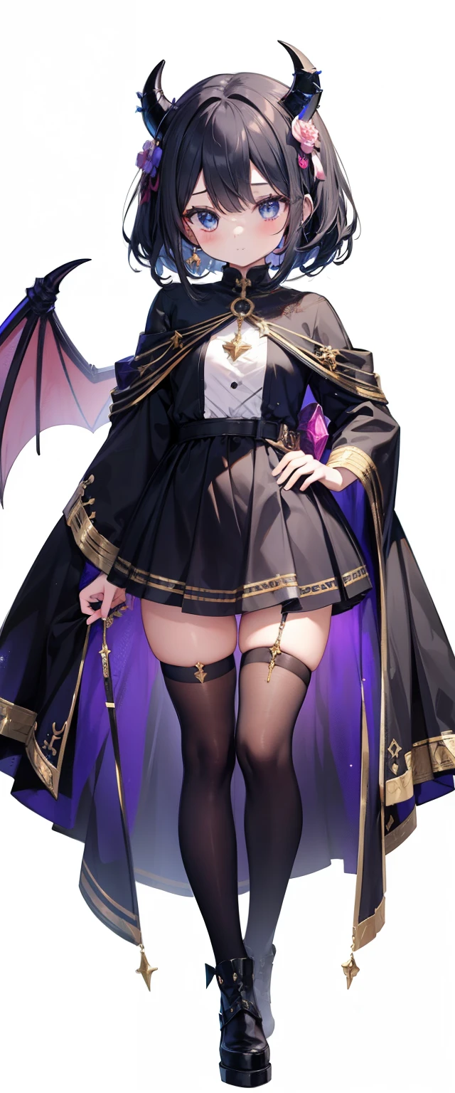 Loli,child, loli,loli,child,, young girl, Fullbody,head to toe capture on the frame,thick thighs, ULTRA, HQ, best quality, seductive young lady wearing costume , magical, magic, RPG, FANTASY, sfw, cute, kawaii, devil horns, short black hair, blue eyes, fantasy theme, rpg theme, innocent,white background 