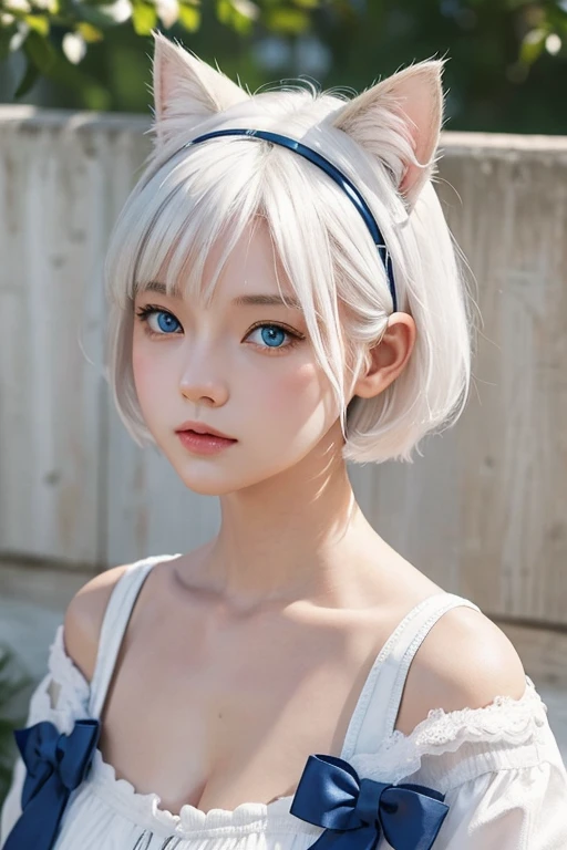 Cat ears headband,white short hair,Blue eyes,Small breasts,japanese,{{masterpiece}},{best quality},super fine illustration,{super detailed},