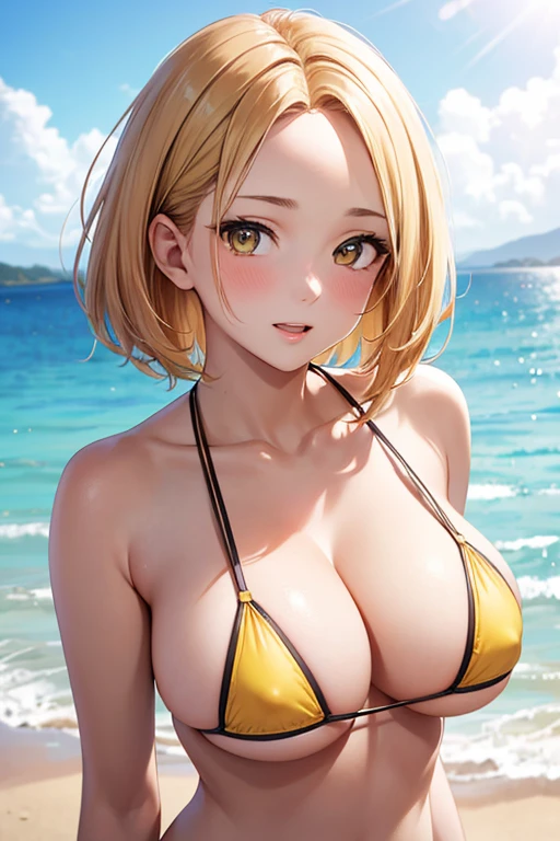One Woman, Highest quality, masterpiece, Super Resolution, Large Breasts, Idol, Beauty, ((From the front 1.2)), Cleavage, 8k, High resolution eyes, High-resolution contours, ((Forehead visible 1.3)), Stylish, High-resolution pupils, blush,  High resolution face, High resolution breasts, Ultra HD, Open your mouth, Upper Body, High resolution mouth, Sexy body, ((Cool face 1.5)), ((Hanging 1.3)), short hair, Broken bangs, Blonde, Yellow Eyes, model, Mature Woman, Adult women, Beautiful clavicle, High resolution hair, Mother, maternal, Micro Bikini, Underboob, Sideboob, Beach,  Married Woman, couple, 
