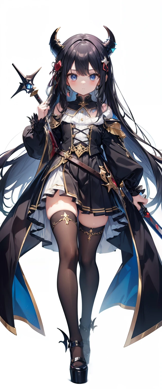 Loli,child, loli,loli,child,Fullbody,head to toe capture on the frame,thick thighs, ULTRA, HQ, best quality, seductive lady wearing costume and holding a sword, magical, magic, RPG, FANTASY, sfw, cute, kawaii, devil horns, long black hair, blue eyes, fantasy theme, rpg theme, innocent,white background 