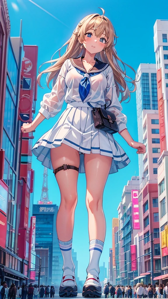Composition viewed from below blue sky cumulonimbus Sun light masterpiece ((Brown skin)) ((Sunburn)) Anime Style Delicate painting 4K 90's giant Multiple Girls crowd Metropolis crowd Crowd of people ((A giant schoolgirl standing in the valley of a skyscraper city)) Metropolis Tokyo Akihabara Electric Town Big Breasts White Sailor Suit Her underwear is visible Sweating profusely Splash sneakers White socks watch Black Hair smile female giant giant girl Whole body Crowd Unreal Engine,cleavage ,a drawing of a , earrings, long hair,Cute picture Beauty Analog style whole body sneakers