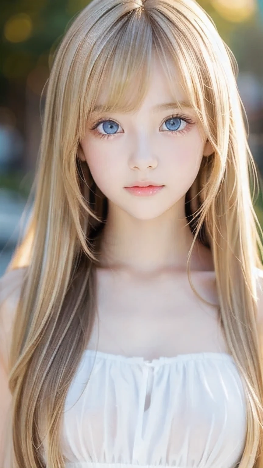 Crystal clear and shiny skin、Cute 13 year old with beautiful face、Very large, beautiful, bright, pale sky blue eyes、Very big eyes、Super long straight hair that shines in the light、Long, silky bangs that cover her cute eyes、Hair that hides sexy features、too long bangs、Sexy and cute young beauty、Super long natural young blonde hair with sparkling highlights Blonde over one eye Blonde over one eye、Blonde hair between the eyes