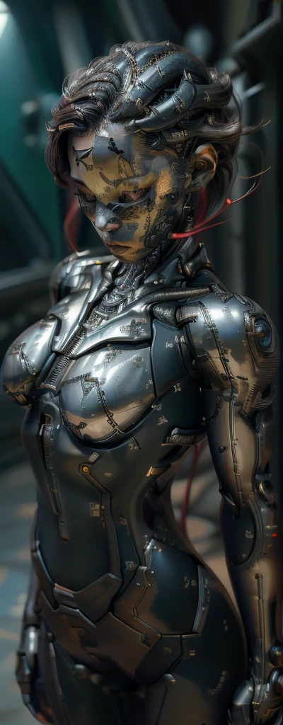 1 girl, solo, (look at viewer), ((Best quality)), ((masterpiece)), (detailed:1.4), ((upper body)), 3D, an image of a beautiful cyberpunk female,HDR (High Dynamic Range), Ray Tracing,NVIDIA RTX,Super-Resolution,Unreal 5,Subsurface scattering,PBR Texturing,Post-processing,Anisotropic Filtering,Depth-of-field,Maximum clarity and sharpness,Multi-layered textures,Albedo and Specular maps,Surface shading,Accurate simulation of light-material interaction,Perfect proportions,Octane Render,Two-tone lighting,Wide aperture,Low ISO,White balance,Rule of thirds,8K RAW, (((red eyes))), (((liquid metal black short hair))), Christina Chong beautiful face, narrowed eyes. smirk. black braided hair , (dark skin:1.2), red eyes, black hair, short hair, medium breasts, batgirl bodysuit, belt, (( batgirl amor))