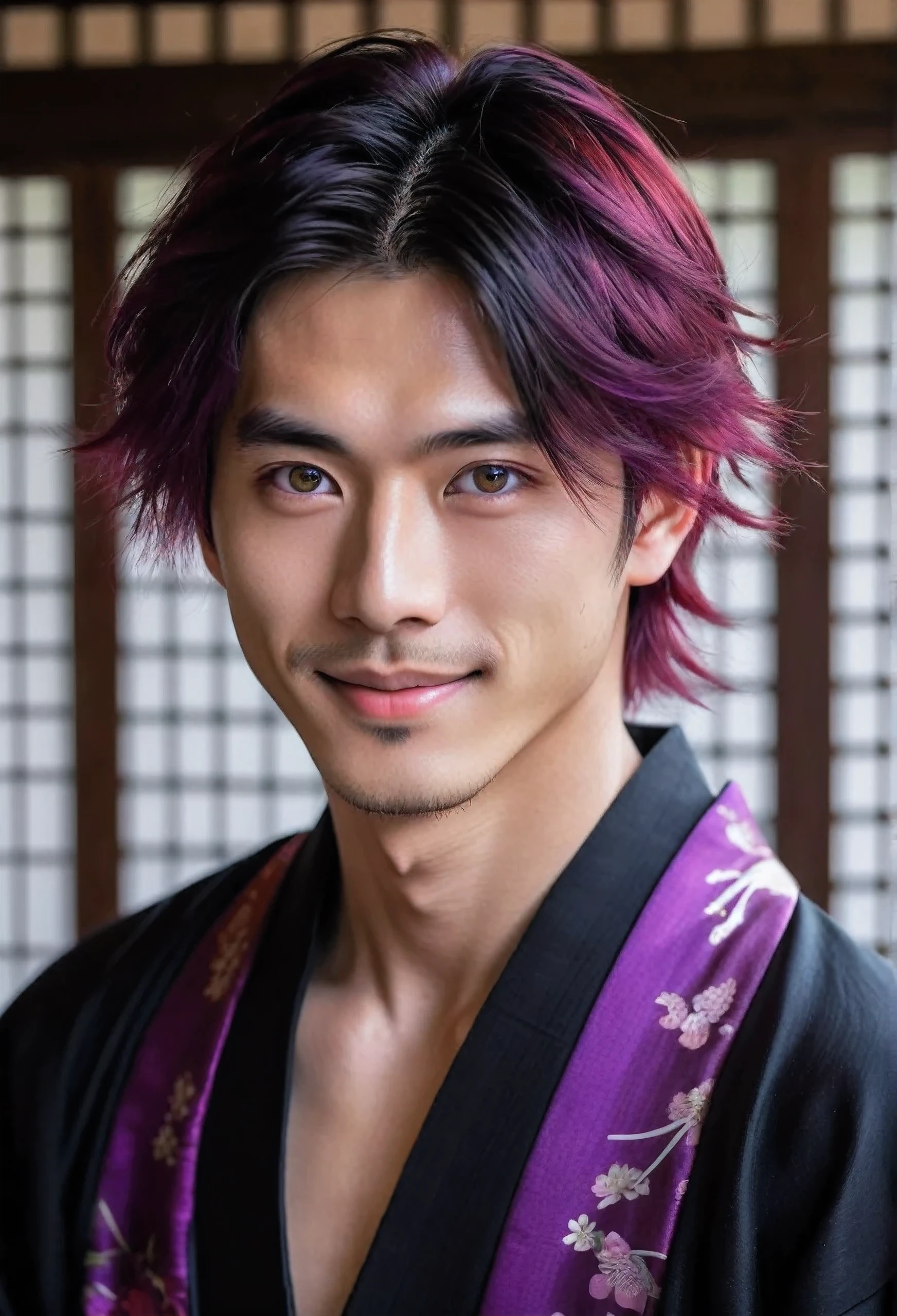 I want a young Japanese man, he has heterochromia, one eye is green and the other is purple, red hair color, and have a naughty smile, make him wearing a black and purple kimono. Um retrato realista, full hd 4k.