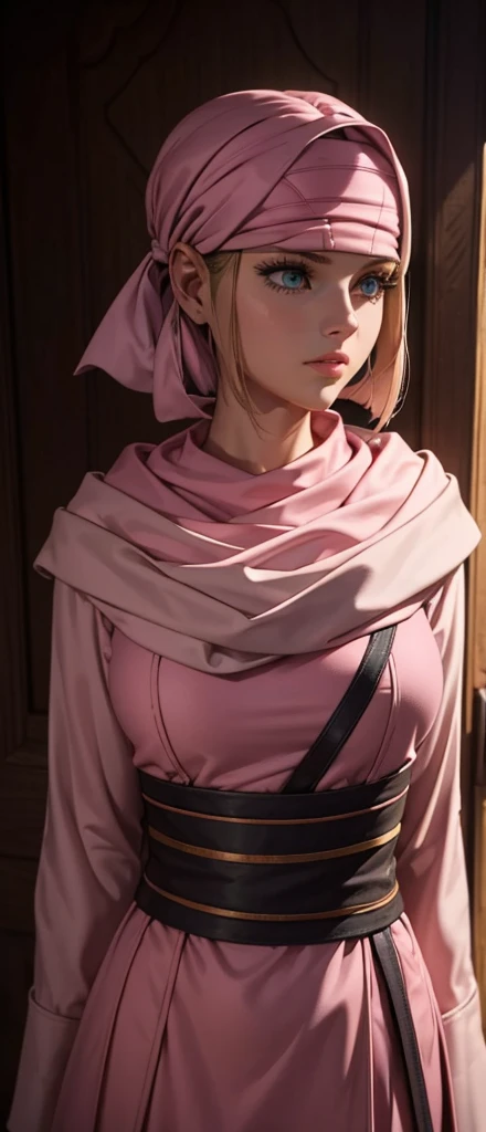 masterpiece), best quality, high resolution 1girl bob cut medium hair standing alone cowl headband profile image looking at viewer beautiful eyes beautiful face extremely detailed pink clothing girly