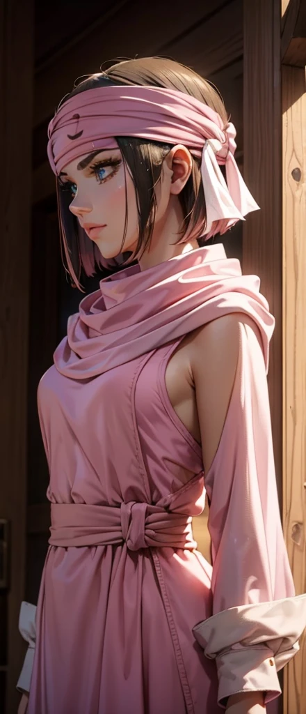 masterpiece), best quality, high resolution 1girl bob cut medium hair standing alone cowl headband profile image looking at viewer beautiful eyes beautiful face extremely detailed pink clothing girly