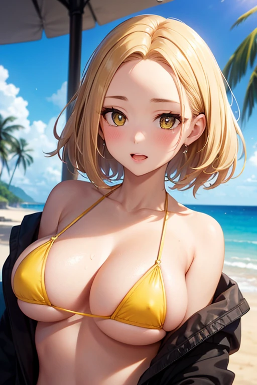 One Woman, Highest quality, masterpiece, Super Resolution, Large Breasts, Idol, Beauty, ((From the front 1.2)), Cleavage, 8k, High resolution eyes, High-resolution contours, ((Forehead visible 1.3)), Stylish, High-resolution pupils, blush, High resolution face, High resolution breasts, Ultra HD, Open your mouth, Upper Body, High resolution mouth, Sexy body, ((Cool face 1.5)), ((Hanging 1.3)), short hair, Broken bangs, Blonde, Yellow Eyes, model, Mature Woman, Adult women, Beautiful clavicle, High resolution hair, Mother, maternal, Micro Bikini, Underboob, Sideboob, Beach, Married Woman, couple,