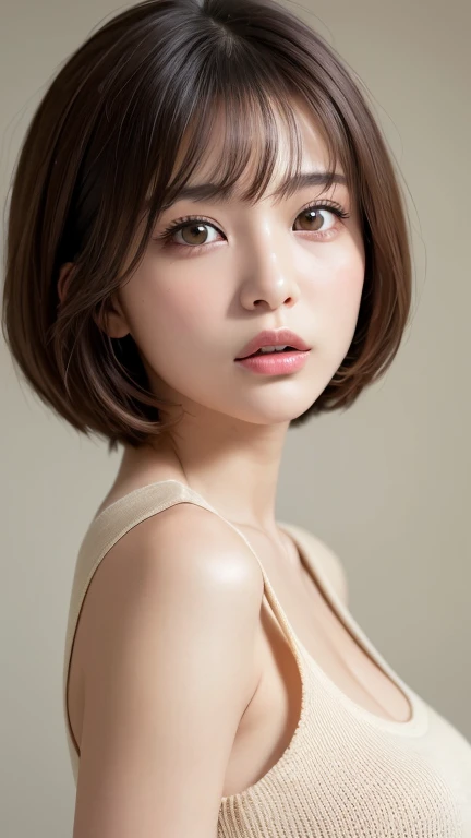 ((Browsing Caution))、(masterpiece:1.5)、(8k)、(Photorealistic:1.5)、RAW Photos、(Best image quality:1.4)、(Sharp focus:1.5)、 Highest quality、masterpiece、Ultra-high resolution、Perfect dynamic composition、 20-year-old、thin、Beautiful woman:1.4、Serious expression、 Wearing black knitwear、 Light brown hair、Bobcut、Shiny Hair、 Super detailed face、Detailed eyes、double eyelid、 Natural color lip、Clear Skin、Small breasts、Open your mouth a little、