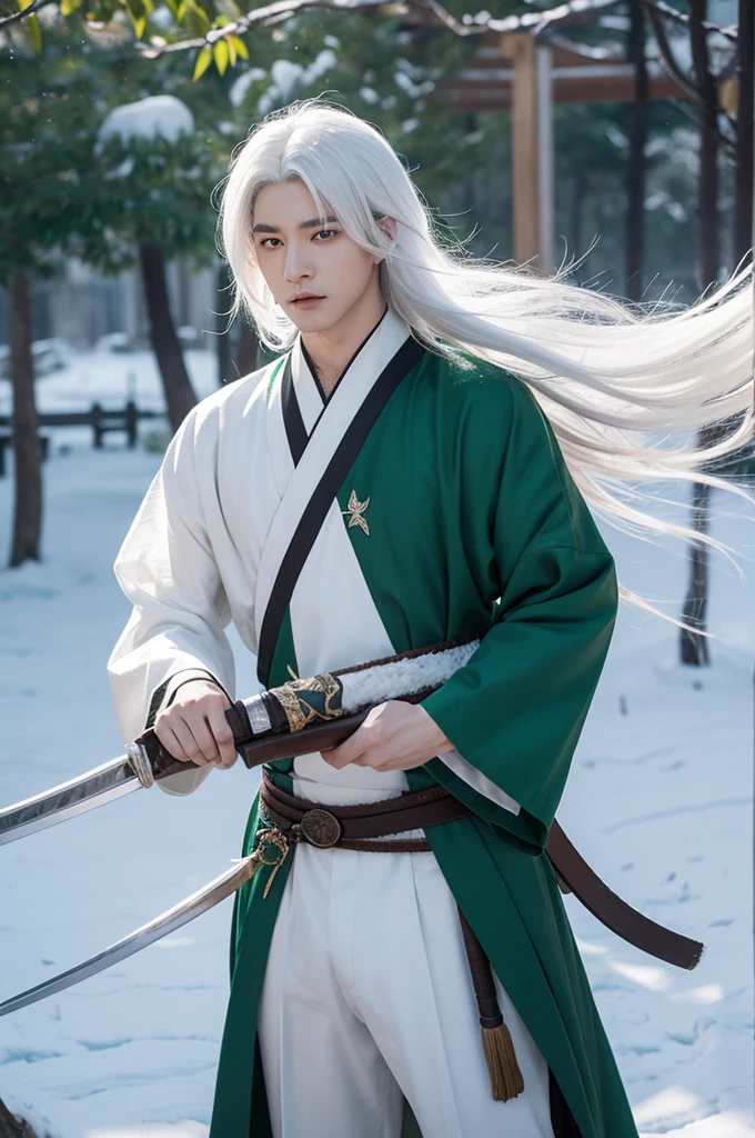 Create a male demon slayer character with white hair, brown eyes, his Haori has something to do with leaves, with his emerald green flexible sword, just like his mitisuri with a snow owl