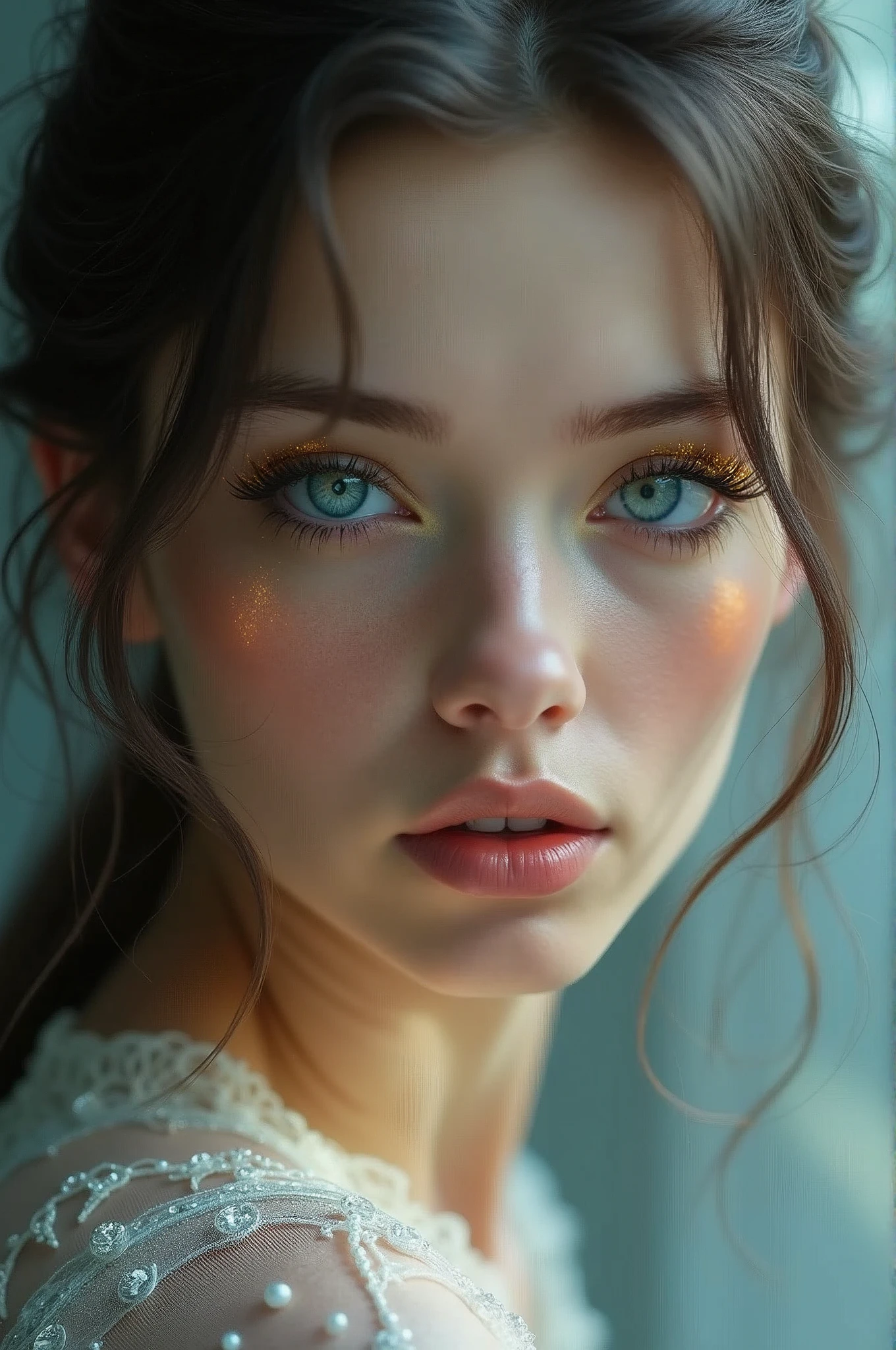 High, sculpted cheekbones with subtle definition. Defined, elegant jawline with a hint of softness. Piercing blue eyes with a golden rim around the iris, surrounded by long, sweeping, and luscious eyelashes. The eyes have an alluring, feline intensity with a subtle sparkle. The nose is perfectly proportioned, subtly sloping with a slight upturn at the tip. Full, sensual lips with a subtle curve and plumpness.