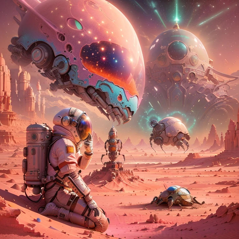 astronaut in a pink desert with a giant alien head, greg beetle, beetle artwork, Beeple and Jeremiah Ketner, Beeple y Tim Hildebrandt, beetle art, Beeple art diary, science fiction illustrations, Beeple masterpiece, science fiction illustrations, Estilo 8 0 tomasz alen kopera