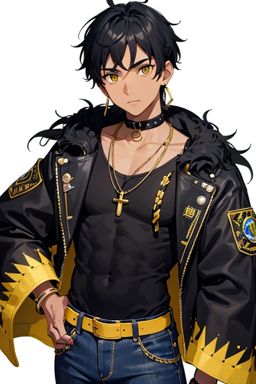 Kieran Moreno from Camp Buddy, black boy, , Native American skin, yellow eyes, spiky black hair and is seen wearing a black rocker bracelet and a pair of yellow earrings in his right ear. slim, muscular build, red sleeveless shirt with green stripe, open yellow vest, necklace with a golden cross, blue jeans, light black belt, looking directly at viewer, white background