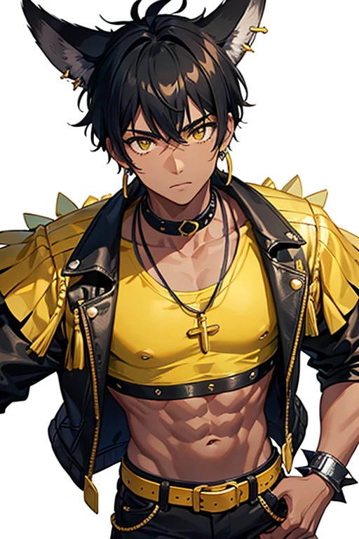 Kieran Moreno from Camp Buddy, black boy, , Native American skin, yellow eyes, spiky black hair and is seen wearing a black rocker bracelet and a pair of yellow earrings in his right ear. slim, muscular build, red sleeveless shirt with green stripe, open yellow vest, necklace with a golden cross, blue jeans, light black belt, looking directly at viewer, white background