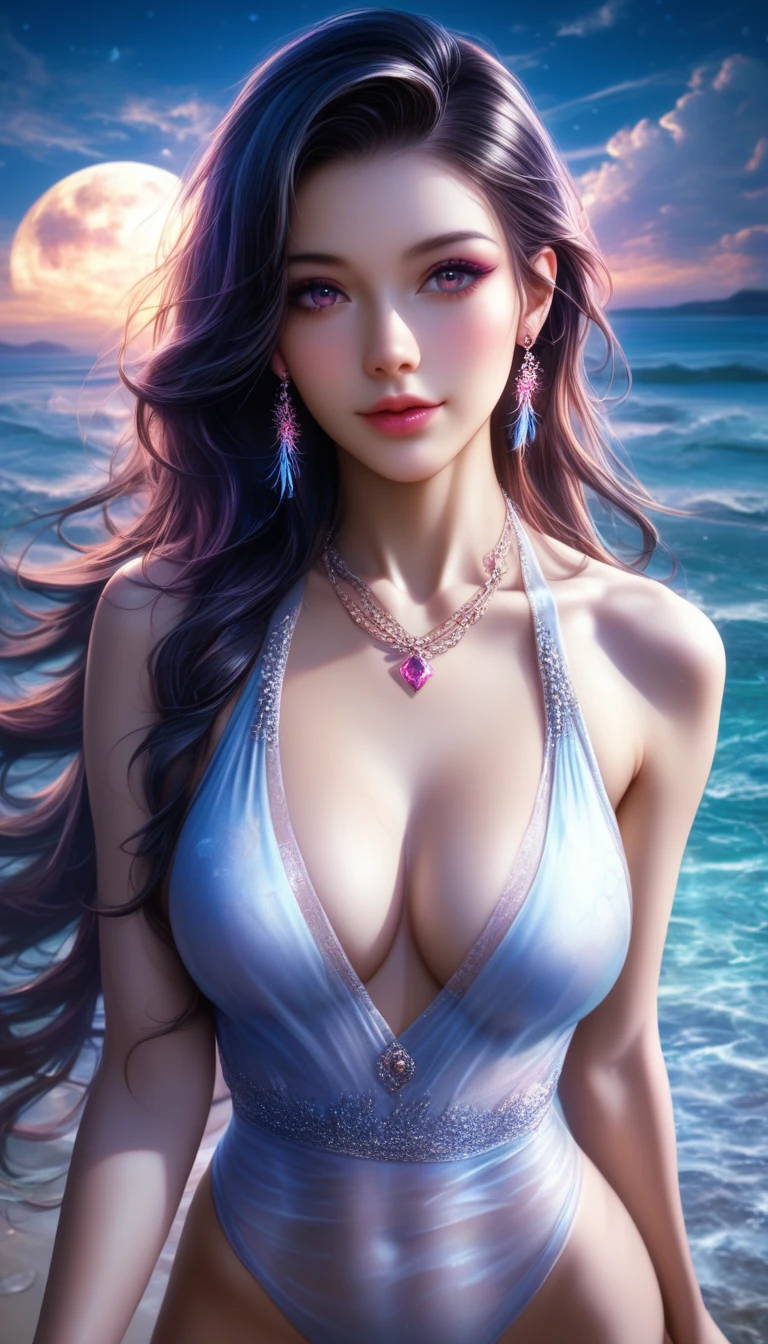 score_9, score_8_superior, score_7_superior, A masterpiece in 32K resolution,Highest quality,it is really amazing,Very detailed,Ultra-high resolution,Ultra-realistic,Realistic,Increased depth of field,Cinematic lighting,
Elegant Japanese woman,
Straight long hair with black hair,Ultra-detailed and beautiful face,Gentle expression,Translucent white skin,Realistic skin texture,
Sexy Swimwear,
Bold design,Artistic design,Beautiful and detailed pattern,Detailed fabric texture,
Gorgeous necklace,Earrings,
Coastline at night,Giant Moon,Dark clouds floating in the dark night sky,
High angle,