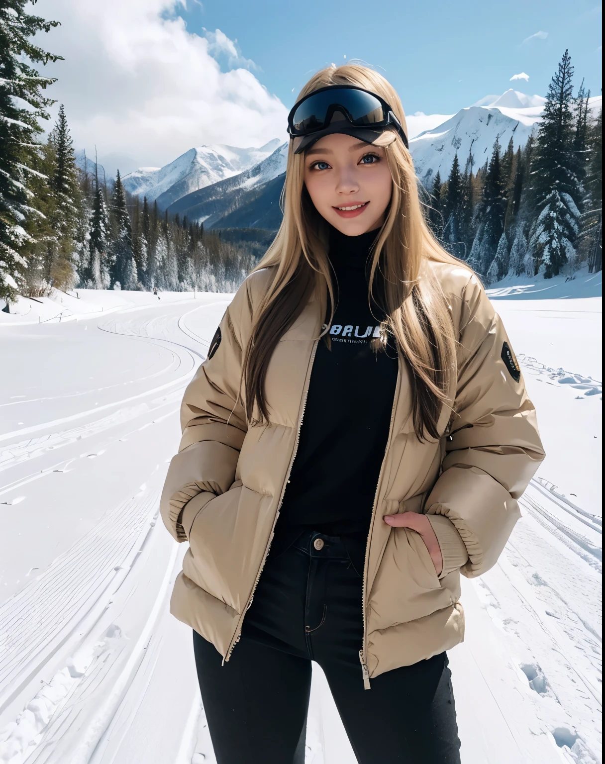 1girl, (Blue Eyes), (smiling :1.2), (Sana Minatozaki), (big tits :1.1), big ass, thin waist, thick thighs, toned legs, muscle, (Best Quality, 8k, Masterpiece: 1.3), Clear Focus: 1.2, Perfect Body Beauty: 1.4, strong abs, Highly detailed face and skin texture, detailed eyes, double eyelids, (shiny skin :1.2), (blonde long long straight hair :1.2), ((closed warm winter jacket :1.2)), (((black sweater))), (jeans pants), (snow visor :1.2), standing, dynamic pose, on a snowy mountain, ski resort, people cross-country skiing, deep on field