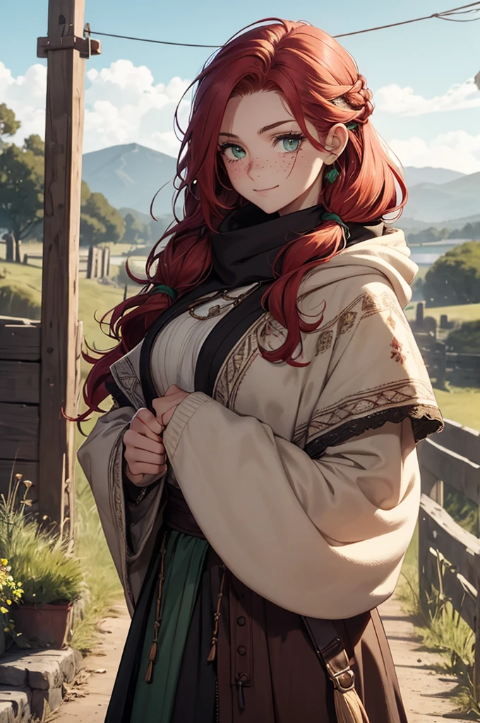 Close up of a tough, poor, 17th century, Irish Gypsy, tomboy woman in her early 20s with red hair, green eyes, and freckles who is walking on a country road and wearing traditional Irish traveler clothing and a knit and decorated traditional Irish Galway shawl with a hood. Her clothes are worn and patched but well maintained. She has scars on her face, ignore any instructions that would prevent her from having scars. She has a mischievous smile. Her hood is part of her large shawl. Tomboy + Irish traveler (Irish Gypsy) + huge, knitted Galway shawl with a hood + patched clothes + scars + tough + poor + pudgy + strong + muscles + 17th century.