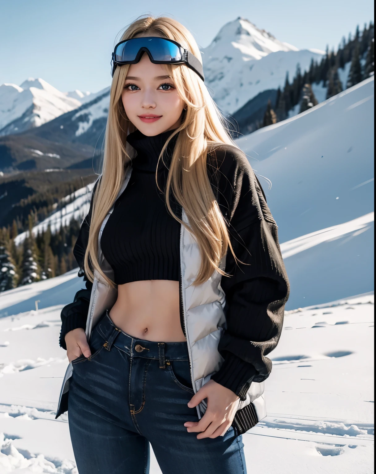 1girl, (Blue Eyes), (smiling :1.2), (Sana Minatozaki), (big tits :1.1), big ass, thin waist, thick thighs, toned legs, muscle, (Best Quality, 8k, Masterpiece: 1.3), Clear Focus: 1.2, Perfect Body Beauty: 1.4, strong abs, Highly detailed face and skin texture, detailed eyes, double eyelids, (shiny skin :1.2), (blonde long long straight hair :1.2), ((closed warm winter jacket :1.2)), (((black sweater))), (jeans pants), (snow visor :1.2), standing, dynamic pose, on a snowy mountain, ski resort, people cross-country skiing, deep on field