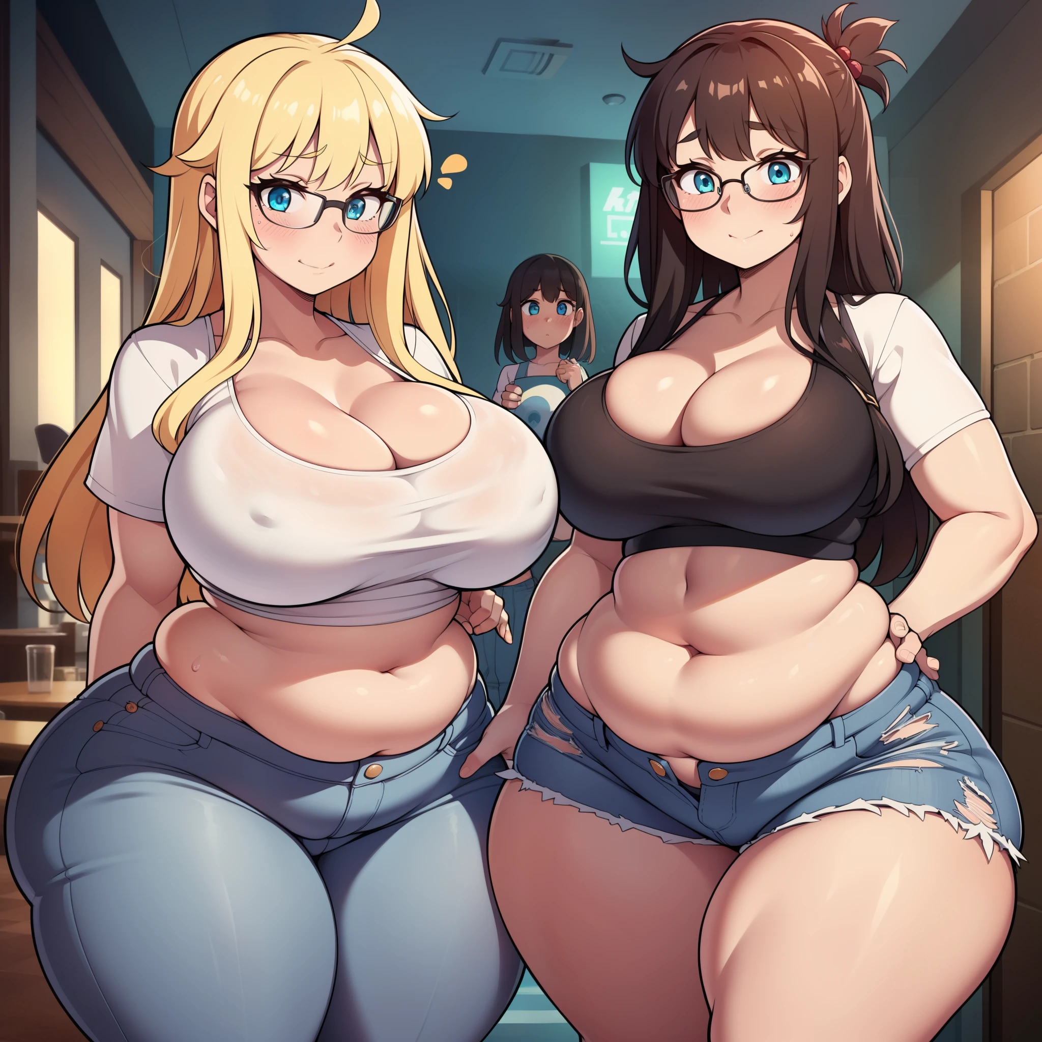 ((highres)), Masterpiece, high quality, best quality, beautiful, perfect lighting, detailed face, ultra cute face, ((2girls)), glasses, blush, embarrassed, one girl has blonde hair, blue eyes, crop top and shorts, one girl has brown hair, green eyes, jeans, white shirt, fast food restaurant, cleavage, medium breasts, ((wide hips)), (thick thighs), ((plump)), chubby belly, fat folds, standing next to each other, hugging each other,