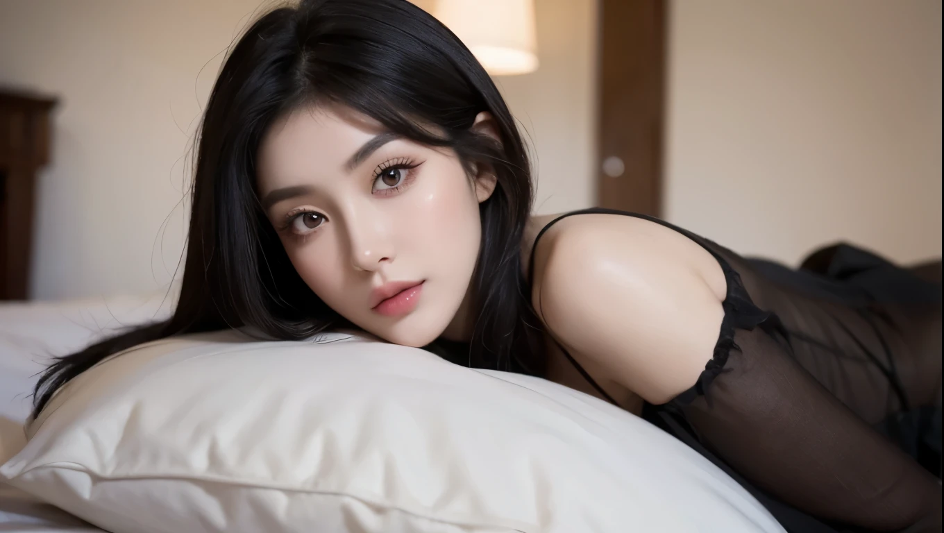 Caucasian woman with straight black hair and dark brown eyes, large eyelashes, delicate facial features 