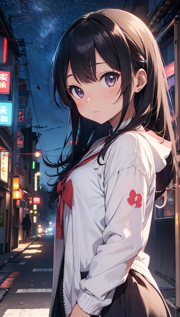 Headphones、Beautiful girl walking along the street at night　Warm lighting　Outside the room, Starry Sky.　Japanese anime style,I can see the neon lights of the city