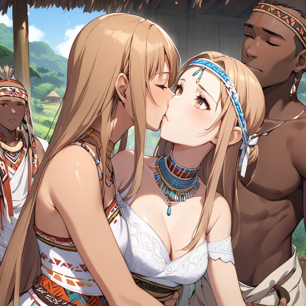 ((Highest quality)), ((masterpiece)), (detailed), (Perfect Face)、Asuna Yuuki, her light brown, medium-long hair is styled in a tribal style and in an African tribal village, she is dressed in tribal clothing, tribal accessories, and tribal makeup by black-skinned African native men, turning her into a tribal woman.、The woman is dressed in a gorgeous tribal wedding dress and is adorned with tribal accessories, becomes the wife of a tribal man, embraces him, kisses him in oath, and has a wedding ceremony. She is beautifully decorated as a bride in both name and reality, and becomes a tribal woman.、The woman gives up and accepts becoming the wife of a tribal man and accepts in body and mind that she will live as a tribal woman.