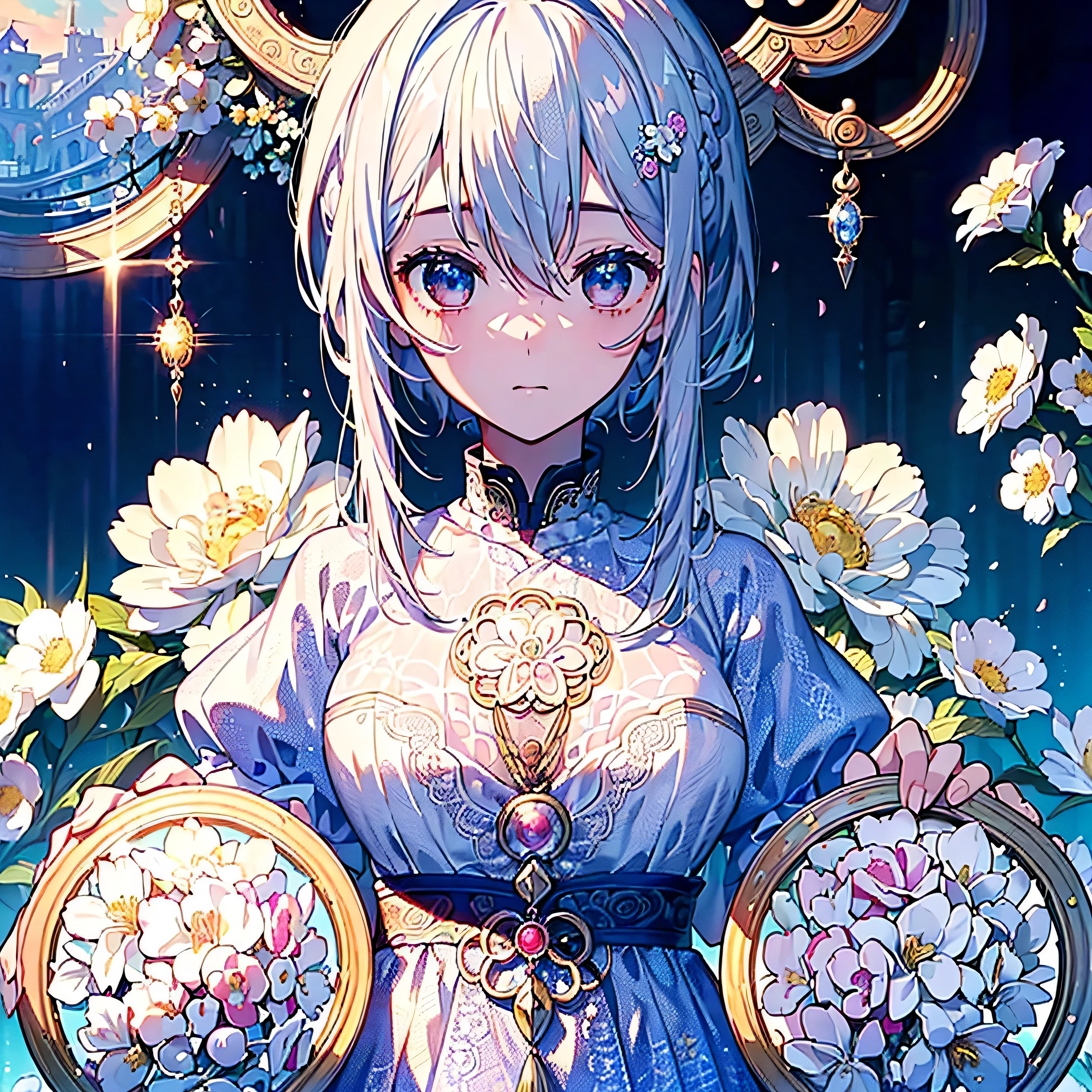 (masterpiece、top-quality、top-quality、Beautifully Aesthetic:1.2)、(1womanl:1.3)、(Fractal Art:1.3)、Delicate lace clothing、Round picture frame、Flowers and Gemstones、Platinum Hair Ornament、Geometric pattern、colourful hair、profile、Faces close