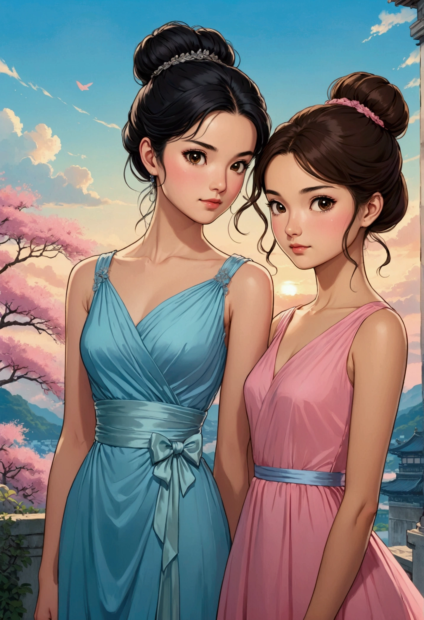 Two beautiful young women in the Sarah Kay style, in love, one with Asian features and long black hair, wearing a PINK EVENING DRESS and next to her a young British woman with brown hair TIED IN A BUN, wearing a LIGHT BLUE EVENING DRESS. illustration, realistic, anime, poster, portrait photography