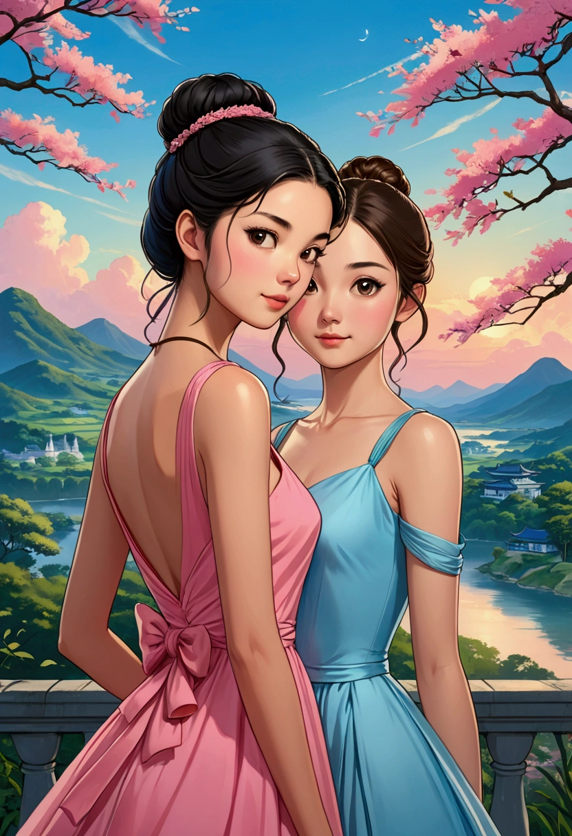 Two beautiful young women in the Sarah Kay style, in love, one with Asian features and long black hair, wearing a PINK EVENING DRESS and next to her a young British woman with brown hair TIED IN A BUN, wearing a LIGHT BLUE EVENING DRESS. illustration, realistic, anime, poster, portrait photography