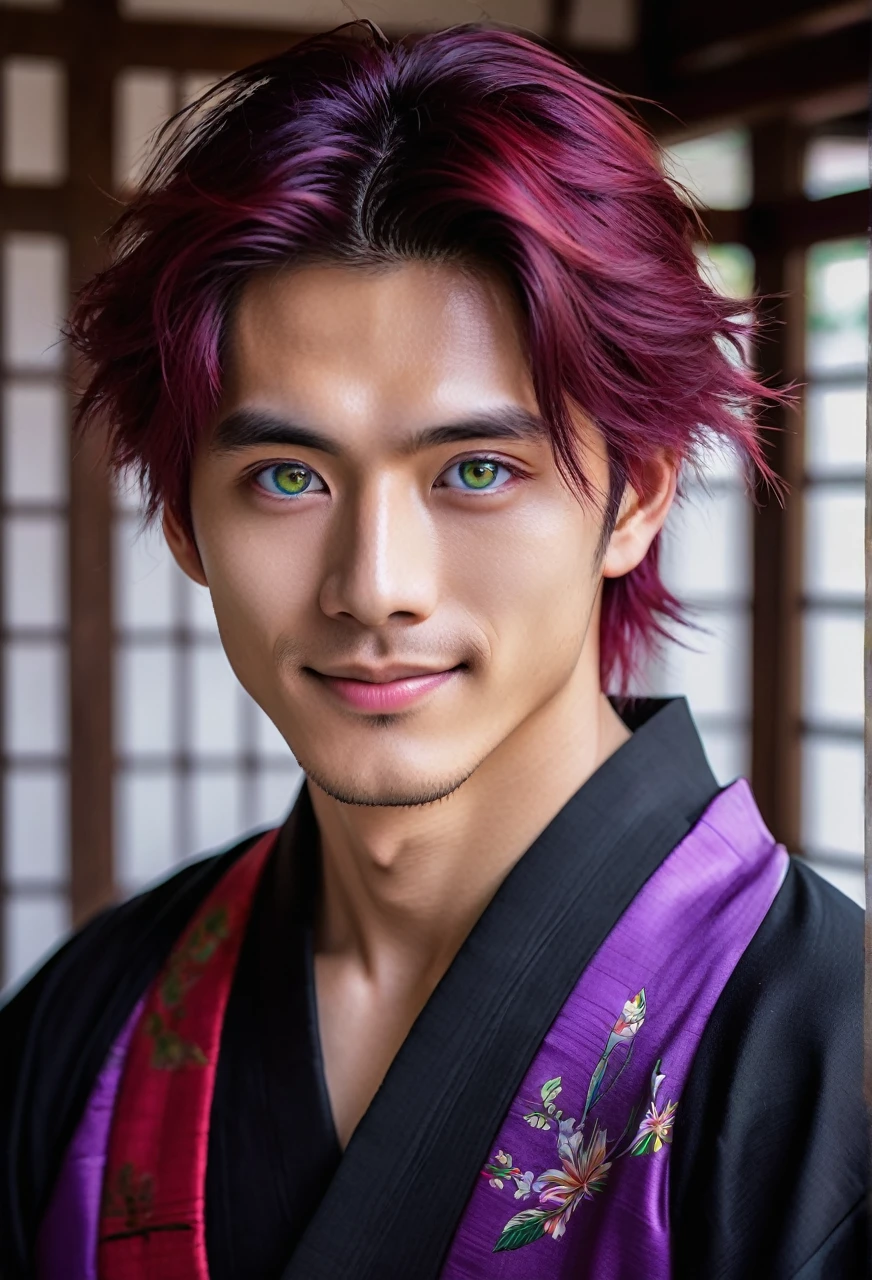 I want a young Japanese man, he has heterochromia, one eye is green and the other is purple, red hair color, and have a naughty smile, make him wearing a black and purple kimono. Um retrato realista, full hd 4k. Ires oculares de cor diferente uma roxa e outra verde, heterocromia de olhos de cores diferentes.