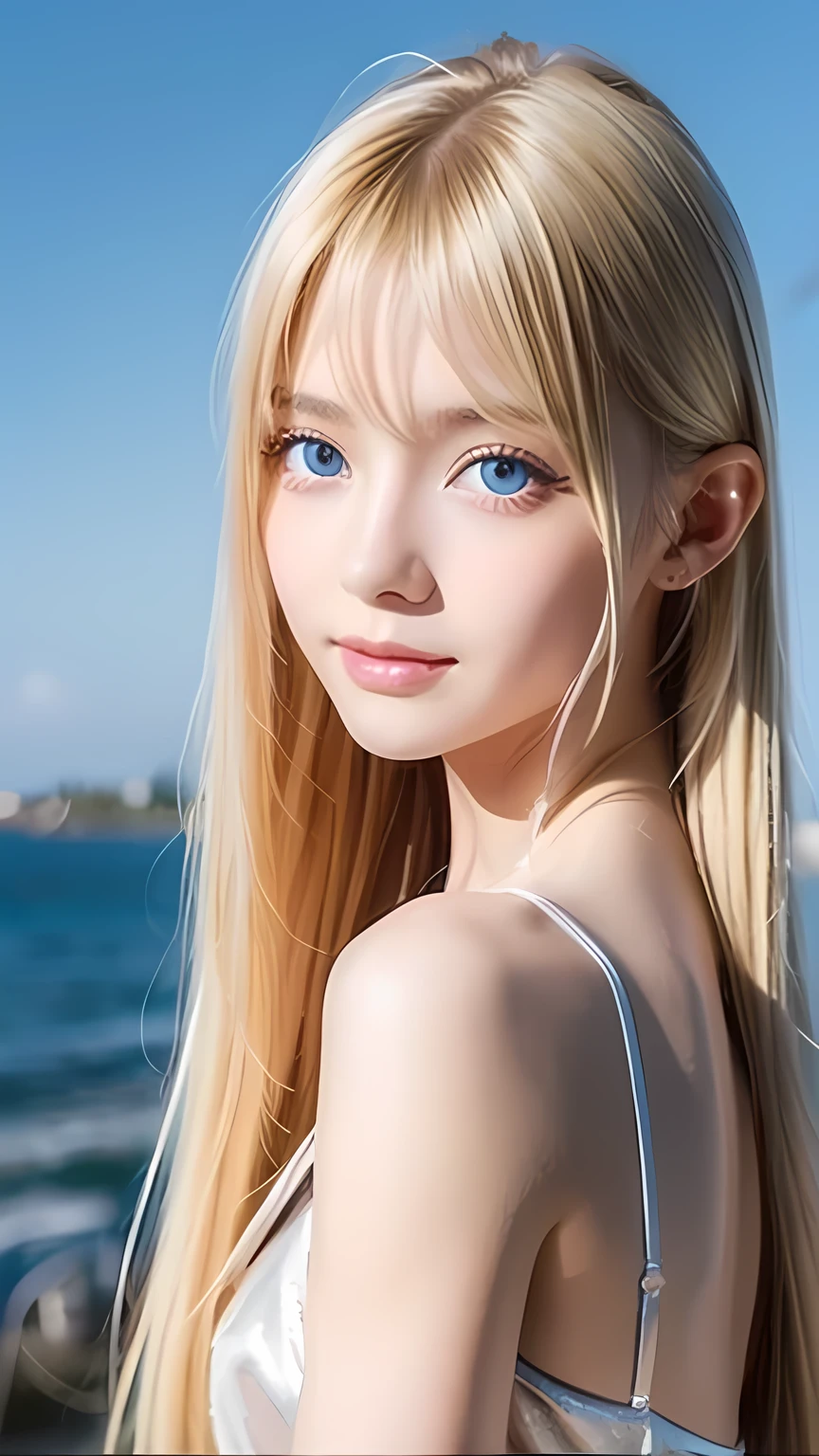 Crystal clear and shiny skin、Cute  13 year old with beautiful face、Very large, beautiful, bright, pale sky blue eyes、Very big eyes、Super long straight hair that shines in the light、Long, silky bangs that cover her cute eyes、Hair that hides sexy features、too long bangs、Sexy and cute young beauty、Super long natural young blonde hair with sparkling highlights Blonde over one eye Blonde over one eye、Blonde hair between the eyes