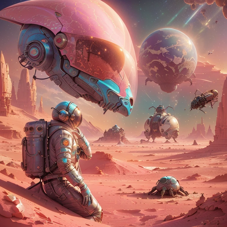 astronaut in a pink desert with a giant alien head, greg beetle, beetle artwork, Beeple and Jeremiah Ketner, Beeple y Tim Hildebrandt, beetle art, Beeple art diary, science fiction illustrations, Beeple masterpiece, science fiction illustrations, Estilo 8 0 tomasz alen kopera