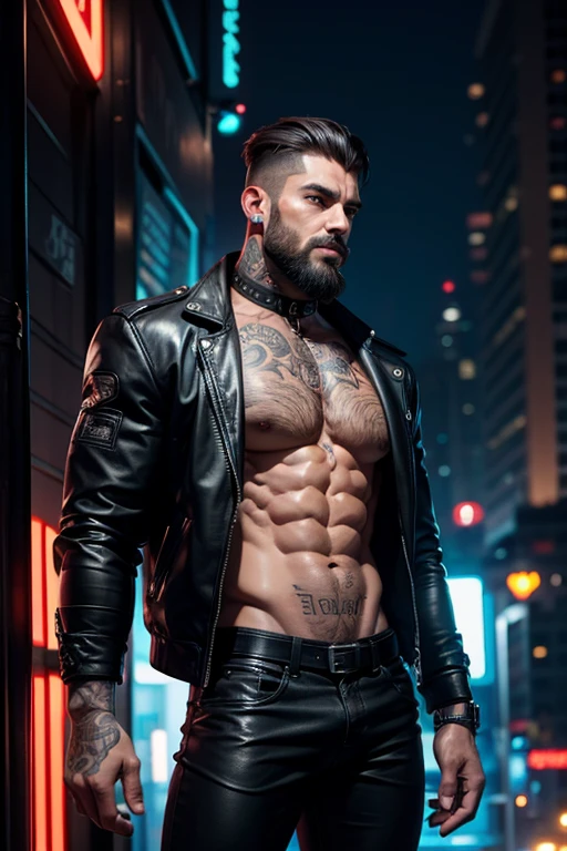 a muscular tattooed ciborg bearded man, shirtless, perfect balanced anatomy, perfect muscles, wearing leather harnes black jockstrap and jacket, well dressed, bright lights on his muscles, cyberpunk, high quality, high resolution,