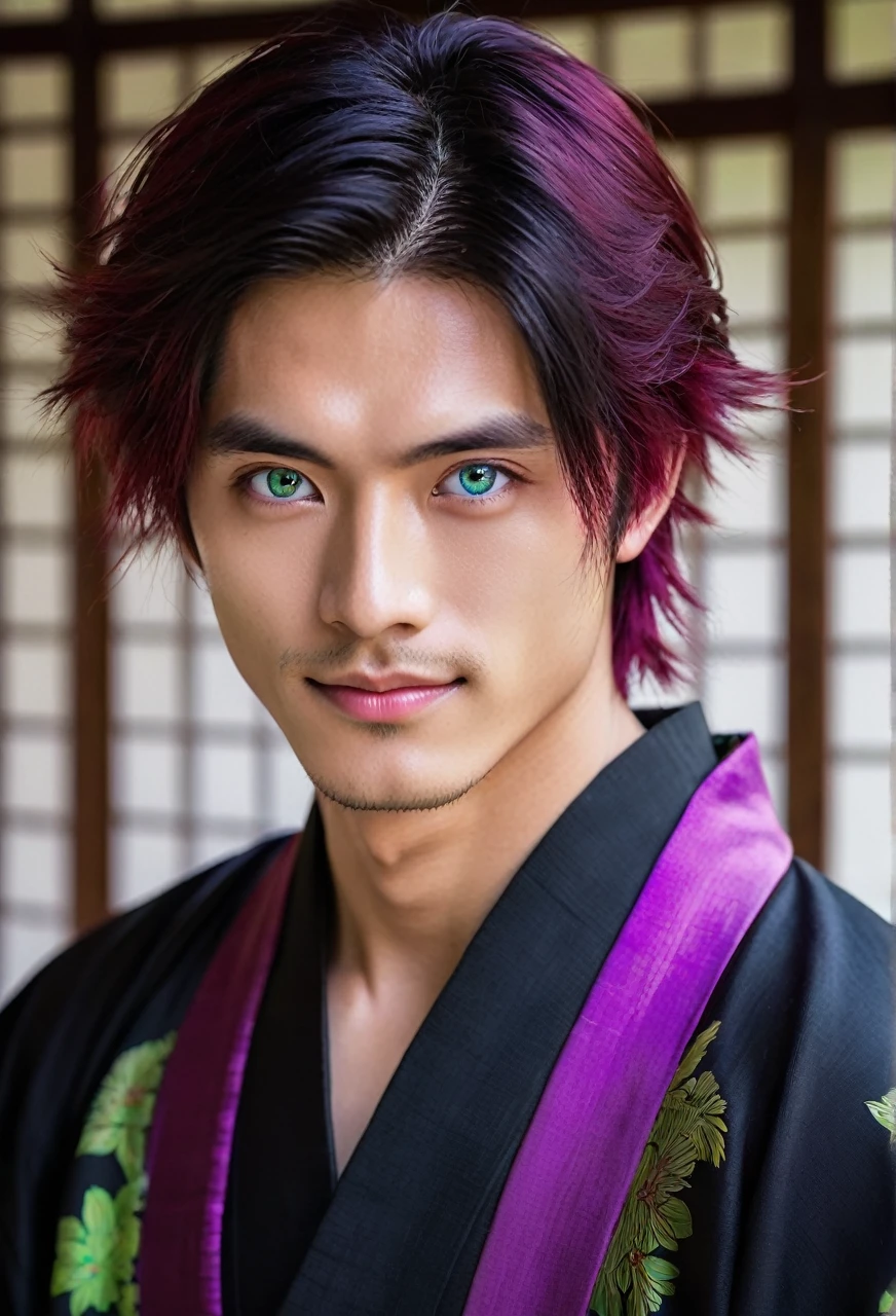 I want a young Japanese man, he has heterochromia, one eye is green and the other is purple, red hair color, and have a naughty smile, make him wearing a black and purple kimono. Um retrato realista, full hd 4k. Ires oculares de cor diferente uma roxa e outra verde, heterocromia de olhos de cores diferentes.