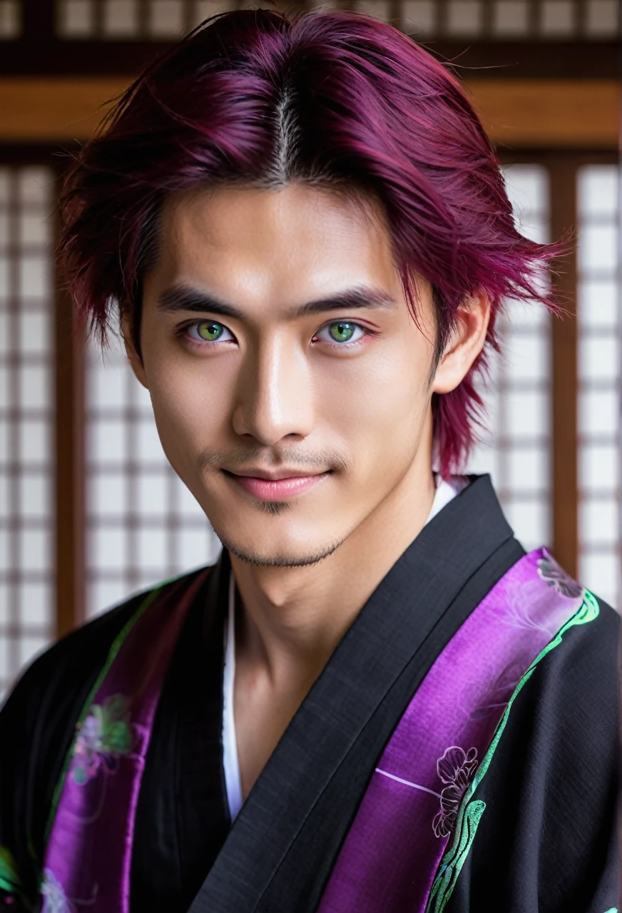 I want a young Japanese man, he has heterochromia, one eye is green and the other is purple, red hair color, and have a naughty smile, make him wearing a black and purple kimono. Um retrato realista, full hd 4k. Ires oculares de cor diferente uma roxa e outra verde, heterocromia de olhos de cores diferentes.