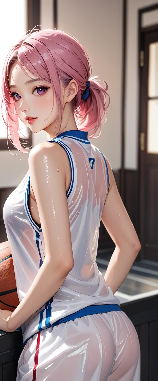 (masterpiece,highest quality,超A high resolution),japanese woman, (((Very beautiful 25 year old girl))), pretty girl、look at the photographer、 ((beautiful low ponytail)), super cute face, glossy lips, double eyelids in both eyes,natural smile、 natural makeup, long eyelashes, Shiny and smooth light pink hair、center image, perfect limbs, perfect anatomy,(((basketball sleeveless uniform)))、,(wet with sweat),,turn around and look back,See-through