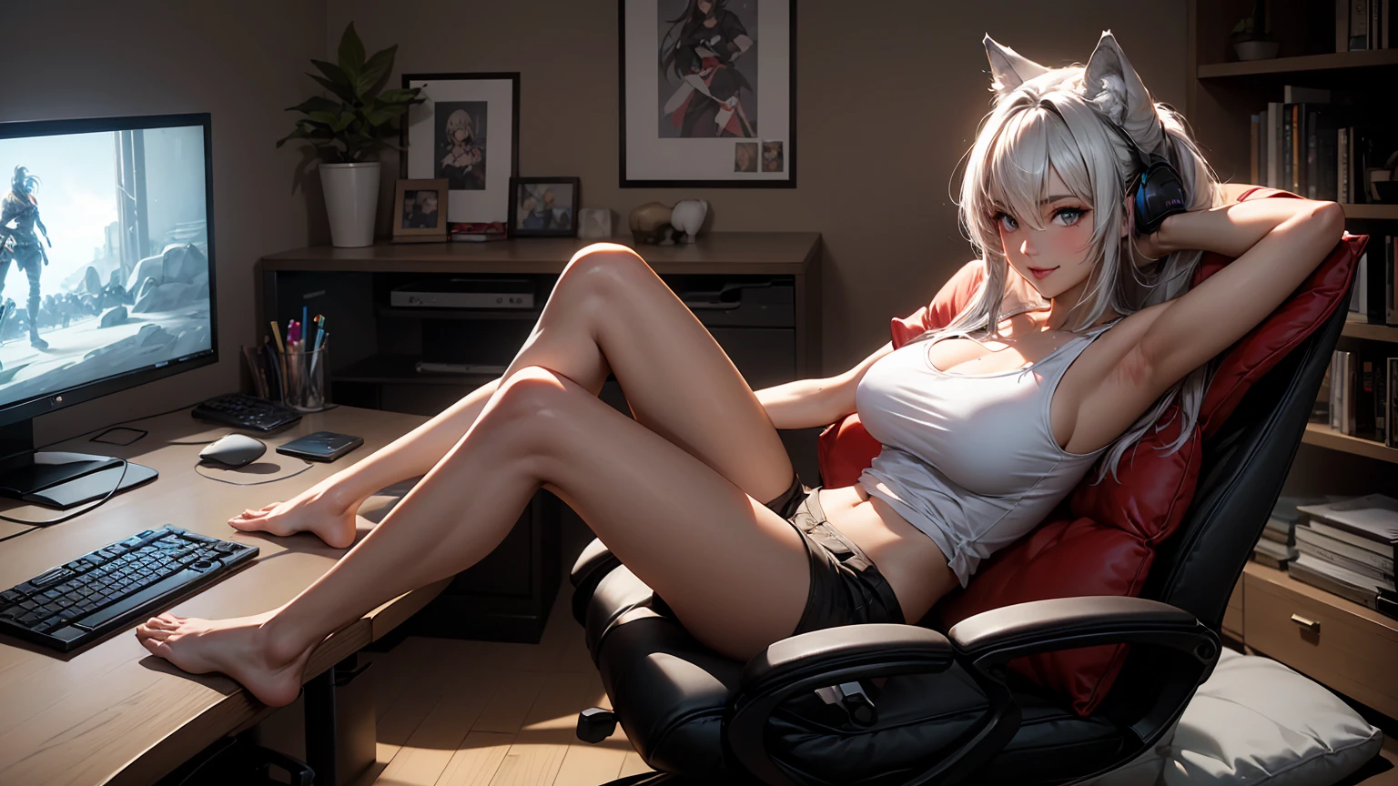 Illustrate a beautiful 20-year-old wolf girl with tan skin and long, flowing hair. She has bright, captivating eyes and is dressed in a cute tank top that shows her midriff, big breasts, lush breasts, voluminous breasts, elastic breasts, on the bed, legs apart paired with sleep shorts. She is seated in a modern gaming chair in a dimly lit room with an open window, letting a gentle night breeze in. The wolf girl is posing playfully, with a big, happy smile and a touch of sexiness. Her room is adorned with modern nerdy items that reflect her passion for video games and anime, including a high-end gaming PC, sleek gaming desk, ergonomic gaming chair, the latest gaming console, and stylish anime posters and figurines. The image should showcase high-quality visual artistry, with intricate details, creating a cozy and inviting atmosphere.