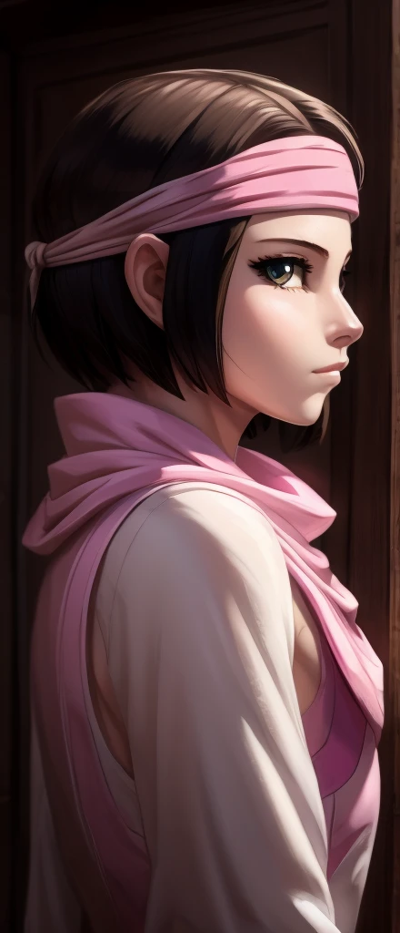 masterpiece), best quality, high resolution 1girl bob cut medium hair standing alone cowl headband profile image looking at viewer beautiful eyes beautiful face extremely detailed pink clothing girly