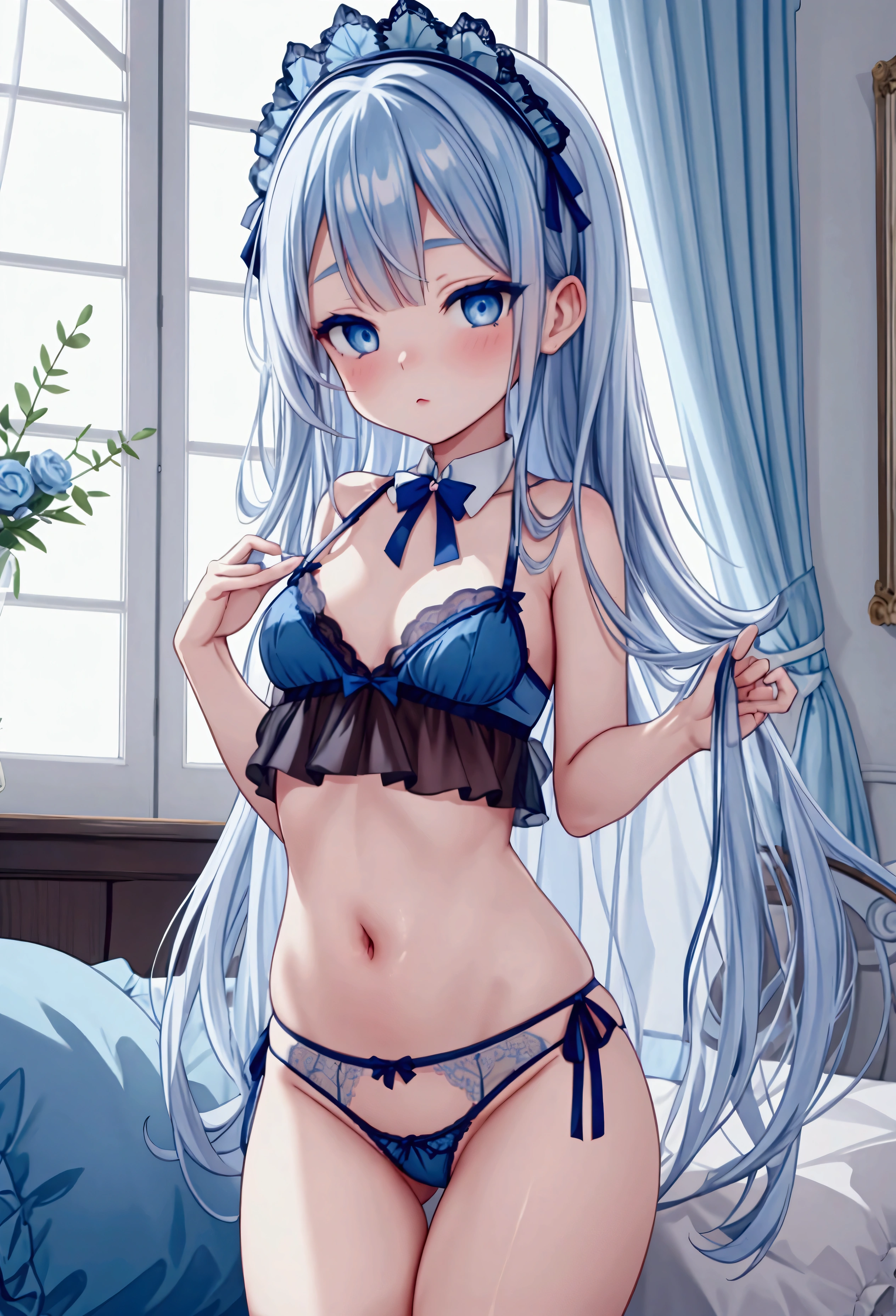 beautiful lingerie, blue colored eyes, lace trim panties, visible panties, panties appearing, lace lingerie, panty view, アニメ, little white house, hair blue, arte アニメ, visual de アニメ de uma linda garota, blue colored eyes. Iasinho in hair