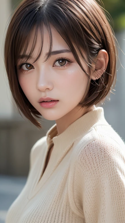 ((Browsing Caution))、(masterpiece:1.5)、(8k)、(Photorealistic:1.5)、RAW Photos、(Best image quality:1.4)、(Sharp focus:1.5)、 Highest quality、masterpiece、Ultra-high resolution、Perfect dynamic composition、 20-year-old、thin、Beautiful woman:1.4、Sad expression、 Wearing black knitwear、 Light brown hair、Bobcut、Shiny Hair、 Super detailed face、Detailed eyes、double eyelid、 Natural color lip、Clear Skin、Small breasts、Open your mouth a little、
