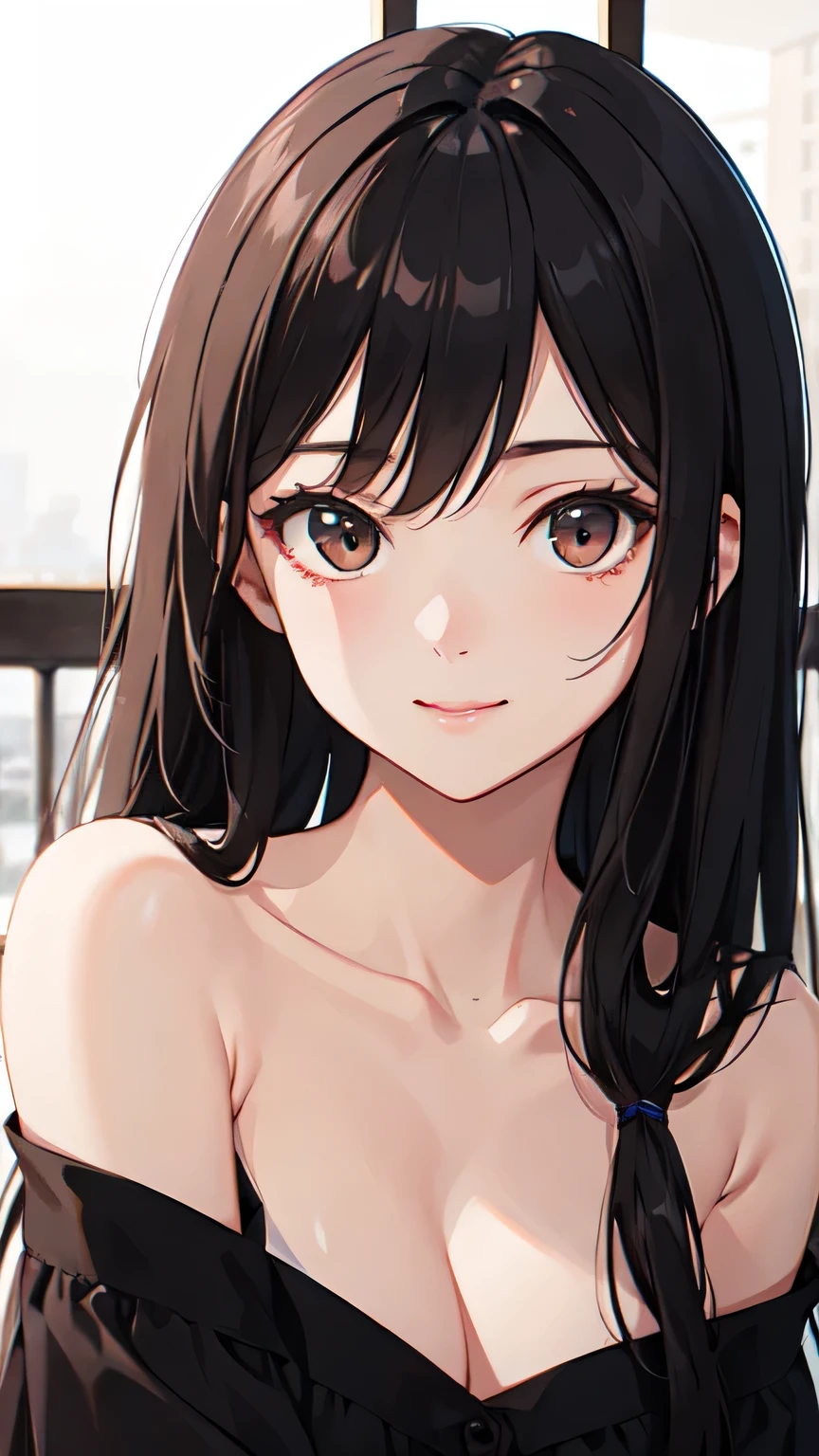 Ultra-high resolution,8k,night,One beautiful girl,Long Hair,Brown eyes,Warm smile,Almond Eye,Left side,Side Lighting,Black off-the-shoulder dress,Face only up