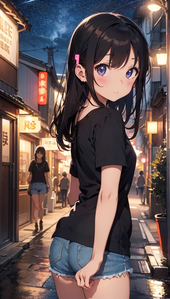 Headphones、Beautiful girl walking along the street at night、Brown Hair、Denim shorts、T-shirt、Warm lighting Outside the room, Starry Sky. Japanese anime style,I can see the neon lights of the city