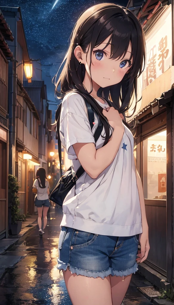 Headphones、Beautiful girl walking along the street at night、Brown Hair、Denim shorts、T-shirt、Warm lighting Outside the room, Starry Sky. Japanese anime style,I can see the neon lights of the city