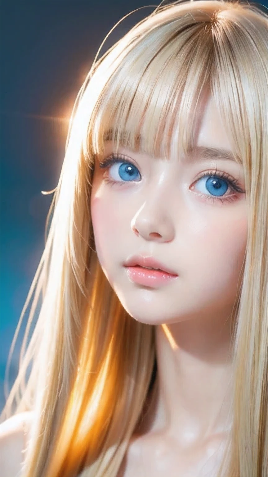 Crystal clear and shiny skin、Cute 13 year old with beautiful face、Very large, beautiful, bright, pale sky blue eyes、Very big eyes、Super long straight hair that shines in the light、Long, silky bangs that cover her cute eyes、Hair that hides sexy features、too long bangs、Sexy and cute young beauty、Super long natural young blonde hair with sparkling highlights Blonde over one eye Blonde over one eye、Blonde hair between the eyes
