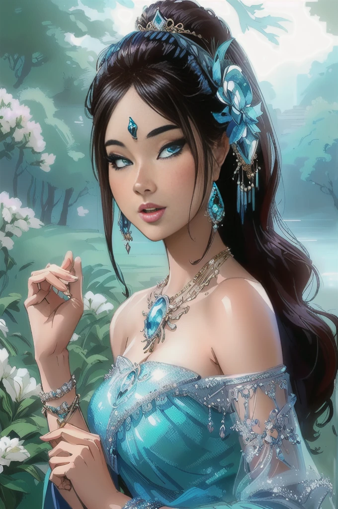 a woman in a blue dress is posing for a picture, beautiful fantasy maiden, beautiful maiden, fantasy beautiful, beautiful fantasy art portrait, beautiful oriental woman, beautiful avatar pictures, beautiful gorgeous digital art, beautiful fantasy art, beautiful digital art, beautiful digital artwork, fantasy woman, beautiful goddess, a beautiful fantasy empress, very beautiful fantasy art, ((a beautiful fantasy empress))