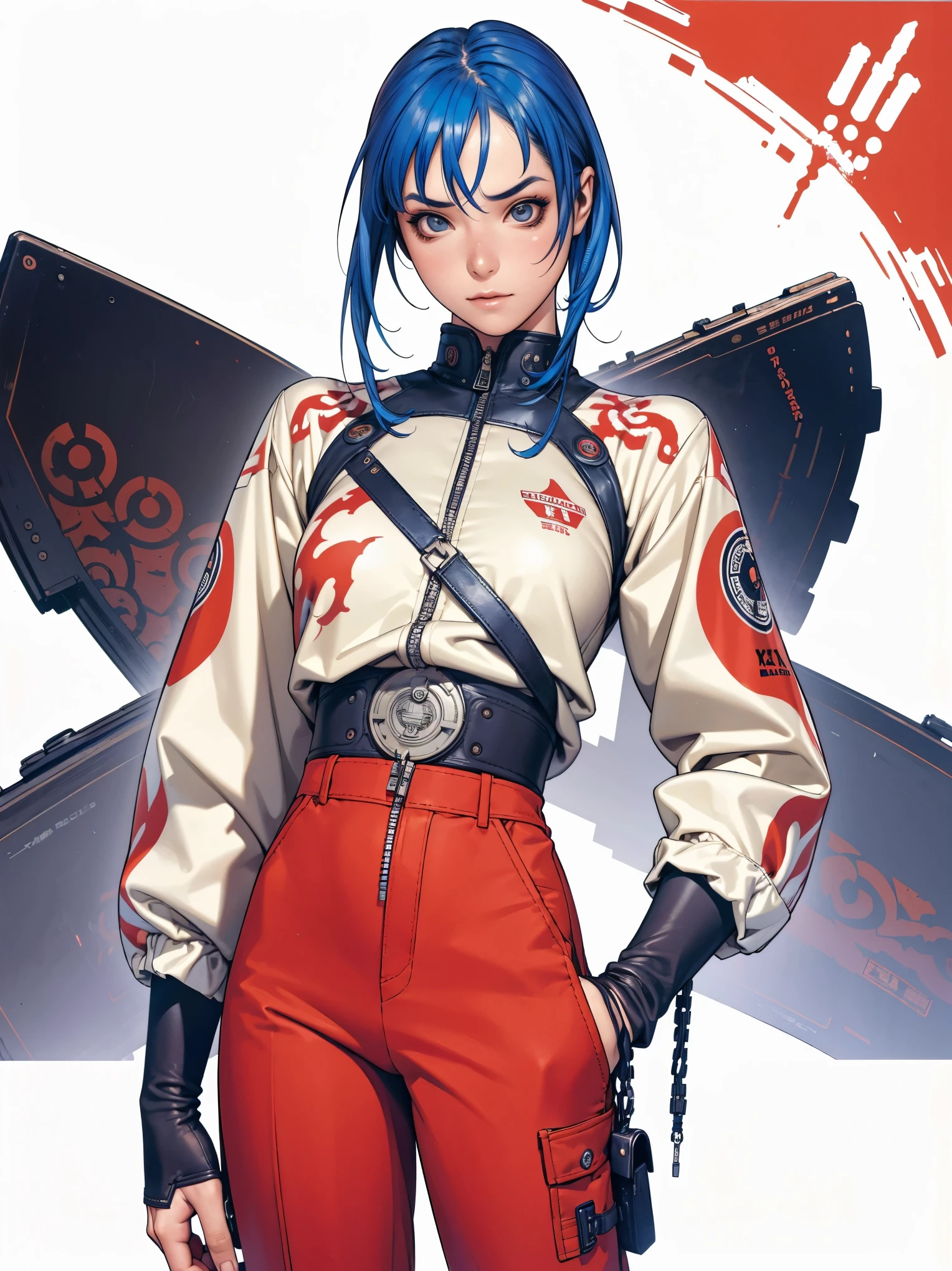 (best qualityer))), (((manga strokes))), (((blue hair with red highlights))), (((baggy pants with bone print))), uma Kizi jovem muito bem vestida com roupas modernas de inverno, pants with military camouflage pattern, top gift vertical stripes, short jacket with dark fur collar, beautiful and expressive face, slightly-smile, big eyes with long black eyelashes, heavy make-up, chains and zippers spread across clothes, contrasting colours, pose de atitude, hair with a modern and futuristic cut, urban game poster art, dramatic camera angles, graffiti art elements in the background, design mixing contemporary and retro by Shepard Fairey, (((cowboy shot))), (((best qualityer: 1.4))), (Unbeatable masterpiece), (hiper HD),(CG 8k hyper-realistic), Kizi, (((standing alone))), pirralha violent, ((())), sexly, pose de atitude, work of art, post-apocalypse, (((manga style))), bounty hunter, violent, Manic, the way you want, slenderbody, thin but strong, perfectbody, roupa moderna, advanced technology, neon, sleeves with vertical striped pattern, neutral background, (( cowboy shot )). intricate visual