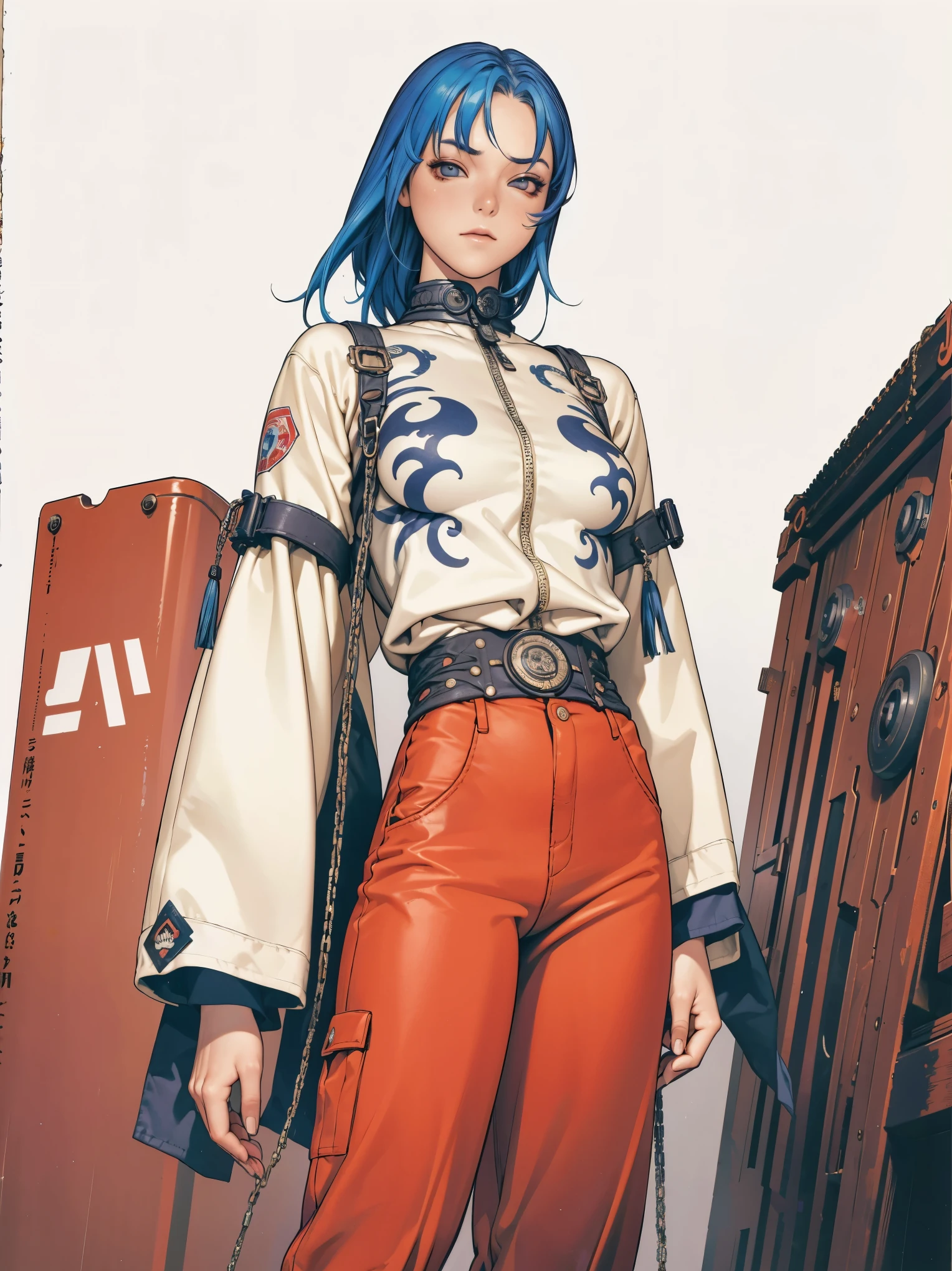 (best qualityer))), (((manga strokes))), (((blue hair with red highlights))), (((baggy pants with bone print))), uma Kizi jovem muito bem vestida com roupas modernas de inverno, pants with military camouflage pattern, top gift vertical stripes, short jacket with dark fur collar, beautiful and expressive face, slightly-smile, big eyes with long black eyelashes, heavy make-up, chains and zippers spread across clothes, contrasting colours, pose de atitude, hair with a modern and futuristic cut, urban game poster art, dramatic camera angles, graffiti art elements in the background, design mixing contemporary and retro by Shepard Fairey, (((cowboy shot))), (((best qualityer: 1.4))), (Unbeatable masterpiece), (hiper HD),(CG 8k hyper-realistic), Kizi, (((standing alone))), pirralha violent, ((())), sexly, pose de atitude, work of art, post-apocalypse, (((manga style))), bounty hunter, violent, Manic, the way you want, slenderbody, thin but strong, perfectbody, roupa moderna, advanced technology, neon, sleeves with vertical striped pattern, neutral background, (( cowboy shot )). intricate visual